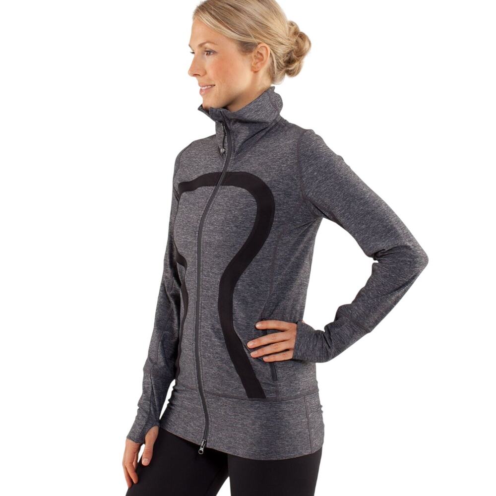 LULULEMON Women's "IN STRIDE" Jacket HEATHERED Two-Way Zip Gray Black Size LARGE